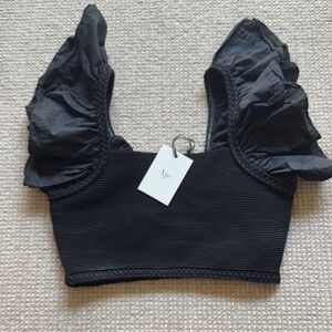 NWT Aje Corinne Black Ruffled Crop Top